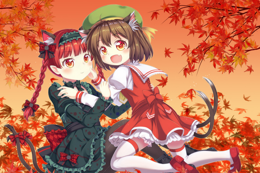 2girls adapted_costume alternate_headwear animal_ears ankle_boots argyle_bow autumn autumn_leaves bangs beret black_footwear black_legwear bloomers blush boots bow braid brown_hair cat_ears cat_tail chen commentary_request cross-laced_footwear dress extra_ears fang floral_print green_dress hair_bow hair_ribbon hairband hand_on_another's_cheek hand_on_another's_face hand_on_another's_shoulder hat jewelry juliet_sleeves kaenbyou_rin kneeling leaf lolita_hairband long_sleeves looking_at_viewer maple_leaf mary_janes multiple_girls multiple_tails open_mouth orange_sky outdoors pantyhose petticoat pointy_ears puffy_sleeves red_eyes red_footwear red_skirt red_vest redhead ribbon sash shirt shoes short_hair single_earring sitting skirt sky smile tail tail_bow thigh-highs tomo_takino touhou tree_branch tress_ribbon twin_braids underwear vest white_legwear white_shirt yuri
