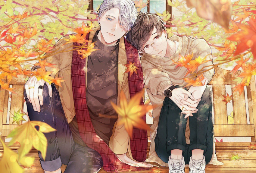 2boys autumn autumn_leaves bench black_pants blue_eyes blurry branch brown_eyes brown_hair brown_shirt day denim depth_of_field expressionless fingernails glasses hair_over_one_eye hand_on_another's_shoulder hand_rest head_rest interlocked_fingers jacket jeans jewelry katsuki_yuuri leaf light_smile long_sleeves looking_at_viewer male_focus multiple_boys outdoors pants ring scarf shirt short_hair silver_hair sitting sweater tree viktor_nikiforov watch watch white_footwear yuri!!!_on_ice