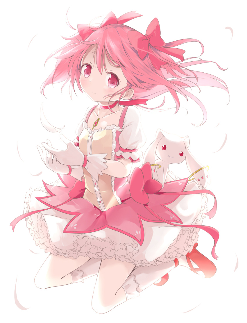1girl bangs blush bow closed_mouth commentary_request creature eyebrows_visible_through_hair feathers full_body gloves hair_between_eyes hair_bow head_tilt high_heels highres kaname_madoka kneehighs kyubey looking_at_viewer magical_girl mahou_shoujo_madoka_magica makuran pink_eyes pink_hair pink_shirt puffy_short_sleeves puffy_sleeves red_bow red_footwear shirt shoes short_sleeves simple_background skirt smile two_side_up white_background white_feathers white_gloves white_legwear white_skirt