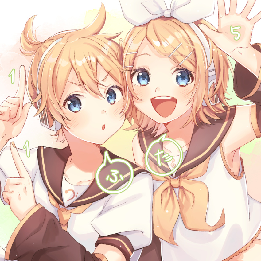 1boy 1girl :d :o blonde_hair blue_eyes brother_and_sister close-up commentary detached_sleeves eyebrows_visible_through_hair fingernails frown hair_ribbon happy headset index_finger_raised kagamine_len kagamine_rin looking_at_viewer number open_mouth oto_(8731832) puffy_short_sleeves puffy_sleeves ribbon sailor_collar shirt short_hair short_sleeves siblings smile speech_bubble translated twins upper_body v-shaped_eyebrows vocaloid white_ribbon white_shirt yellow_ribbon