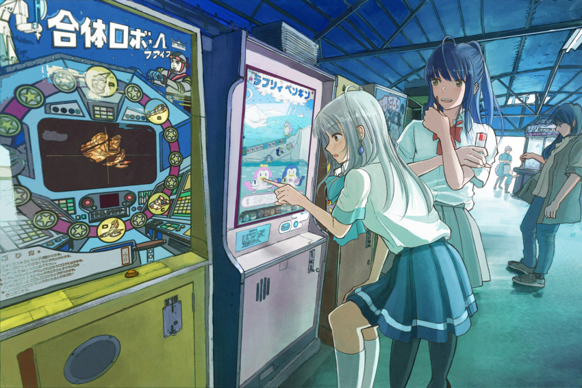 1boy 4girls :d arcade arcade_cabinet bangs black_legwear blue_hair blue_skirt blush bow collared_shirt earrings food grey_hair highres indoors irozuku_sekai_no_ashita_kara jacket jewelry k_kanehira kneehighs leaning_forward long_hair looking_away multiple_girls open_mouth pleated_skirt pocky profile school_uniform shirt shirt_tucked_in short_sleeves skirt smile standing teeth white_legwear white_shirt yellow_eyes