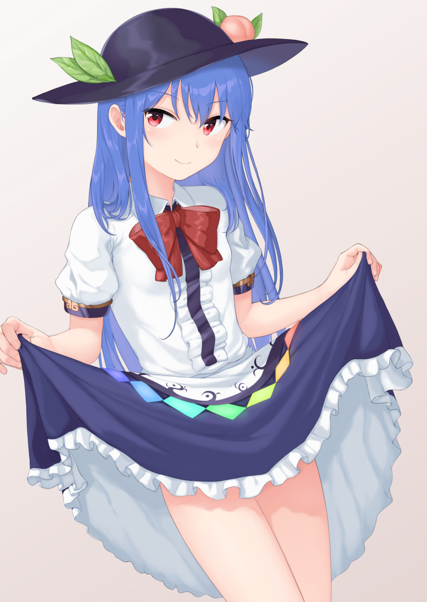 1girl bangs black_hat blue_eyes blue_skirt bow bowtie center_frills closed_mouth commentary_request cowboy_shot eyebrows_visible_through_hair fingernails food frilled_shirt frilled_skirt frills fruit grey_background hat highres hinanawi_tenshi leaf lifted_by_self long_hair looking_at_viewer momoiro_lettuce peach red_bow red_eyes red_neckwear revision shirt short_sleeves simple_background skirt skirt_lift smile solo straight_hair thighs touhou white_shirt