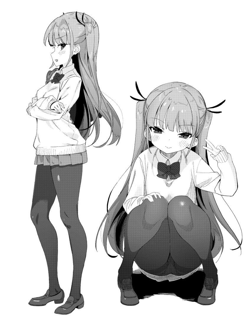 1girl absurdres bow bowtie crossed_arms greyscale hair_ribbon hand_up head_tilt highres knees_together_feet_apart loafers long_hair long_sleeves looking_at_viewer miniskirt monochrome multiple_views original panties panties_under_pantyhose pantyhose pantyshot pantyshot_(squatting) pigeon-toed pleated_skirt ribbon school_uniform shoes simple_background skirt smile squatting standing sweater takakura thighband_pantyhose twintails underwear v white_background