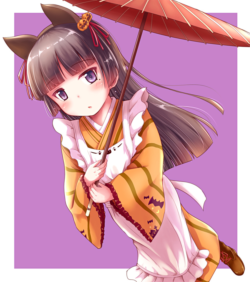 animal_ears apron black_hair blue_eyes blush boots cat_ears food_themed_hair_ornament gokou_ruri hair_ornament hair_ribbon halloween herunin highres hime_cut japanese_clothes kimono long_hair mole mole_under_eye ore_no_imouto_ga_konna_ni_kawaii_wake_ga_nai pumpkin_hair_ornament purple_background ribbon umbrella