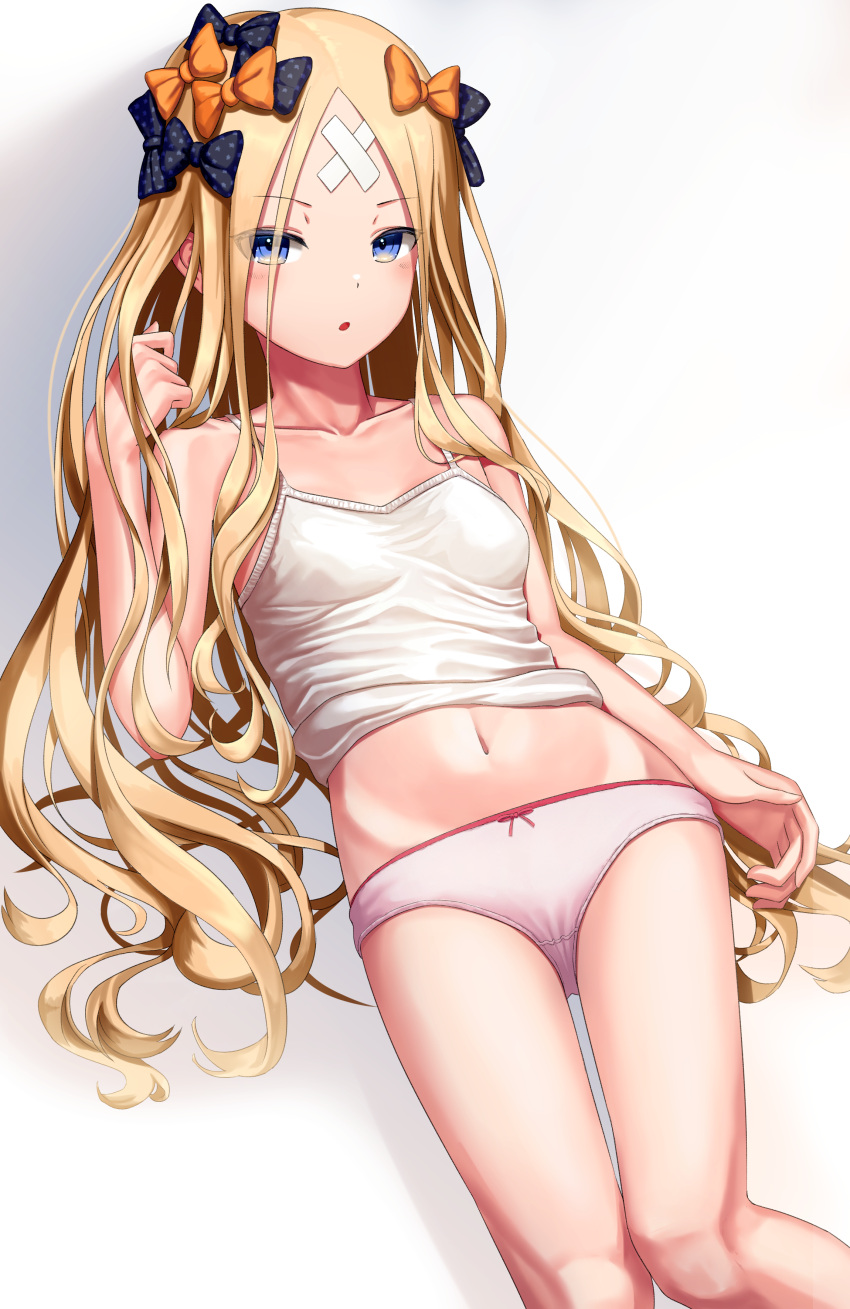 1girl :o abigail_williams_(fate/grand_order) absurdres arm_at_side bangs bare_arms bare_shoulders black_bow blonde_hair blush bow bow_panties camisole camisole_lift collarbone commentary_request crossed_bandaids eyebrows_visible_through_hair fate/grand_order fate_(series) gradient gradient_background grey_background hair_bow hand_up highres long_hair looking_at_viewer navel orange_bow panties parted_bangs parted_lips sanbe_futoshi solo stomach underwear underwear_only very_long_hair white_background white_camisole white_panties