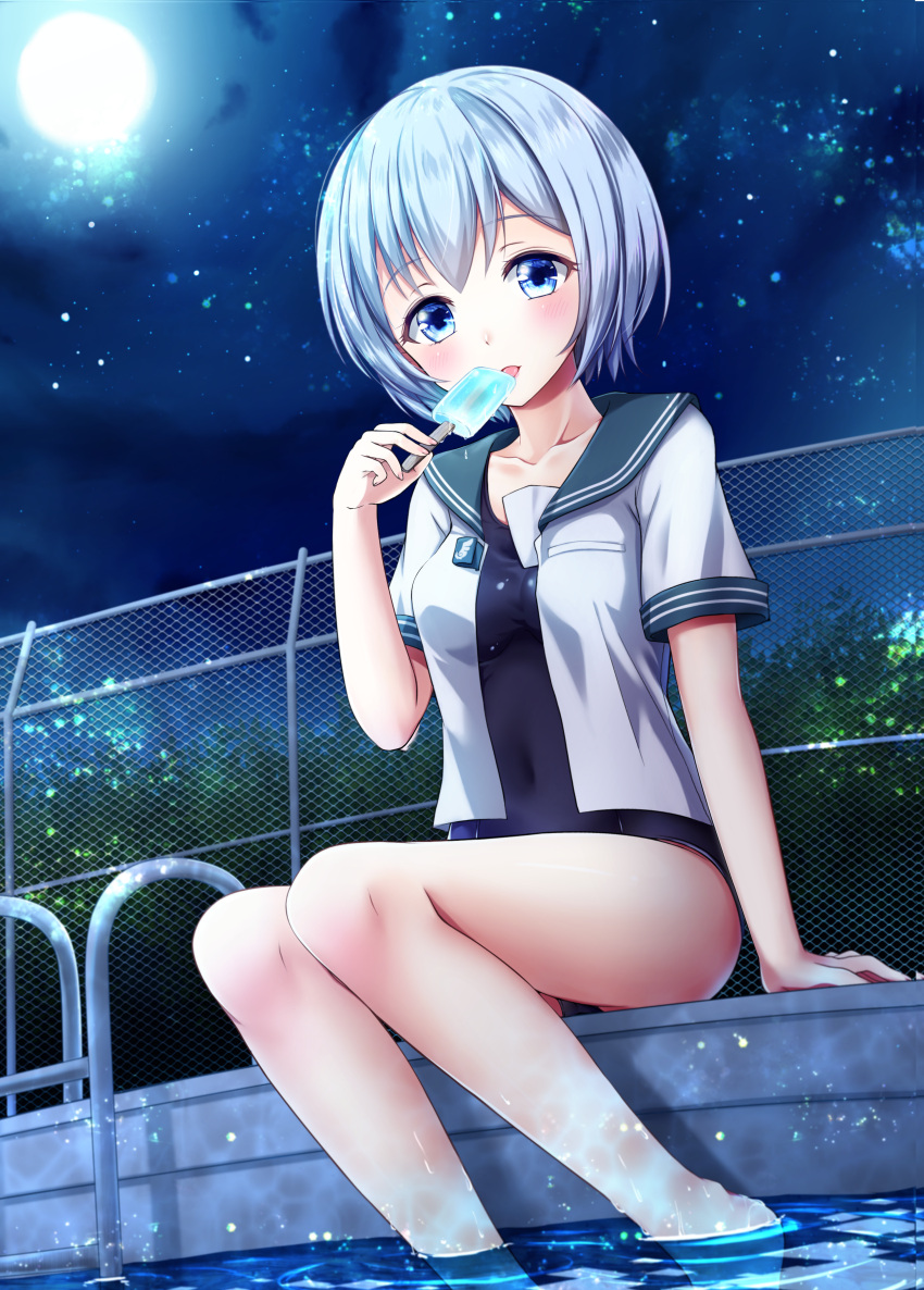 1girl absurdres arm_support bangs bare_legs barefoot blue_eyes blush breasts bush chain-link_fence collarbone commentary_request dutch_angle eyebrows_visible_through_hair fence food full_moon highres holding holding_food huge_filesize looking_at_viewer medium_breasts moe2018 moon night night_sky omoomomo open_clothes open_shirt original outdoors parted_lips pool pool_ladder poolside popsicle revision school_swimsuit school_uniform serafuku shirt short_hair short_sleeves silver_hair sitting sky soaking_feet solo star_(sky) starry_sky swimsuit swimsuit_under_clothes water white_shirt