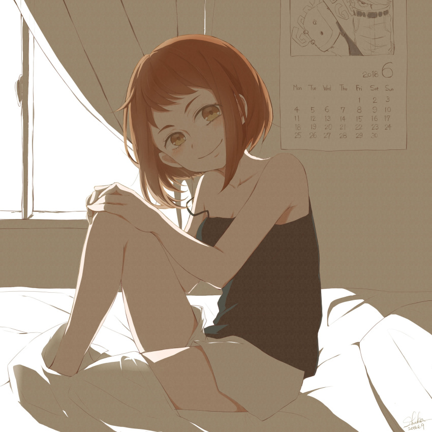 1girl bare_shoulders bed black_shirt boku_no_hero_academia brown_eyes brown_hair calendar_(object) commentary_request curtains head_tilt highres looking_at_viewer on_bed shiiiikann shirt short_hair shorts sitting sitting_on_bed smile solo spaghetti_strap strap_slip uraraka_ochako window