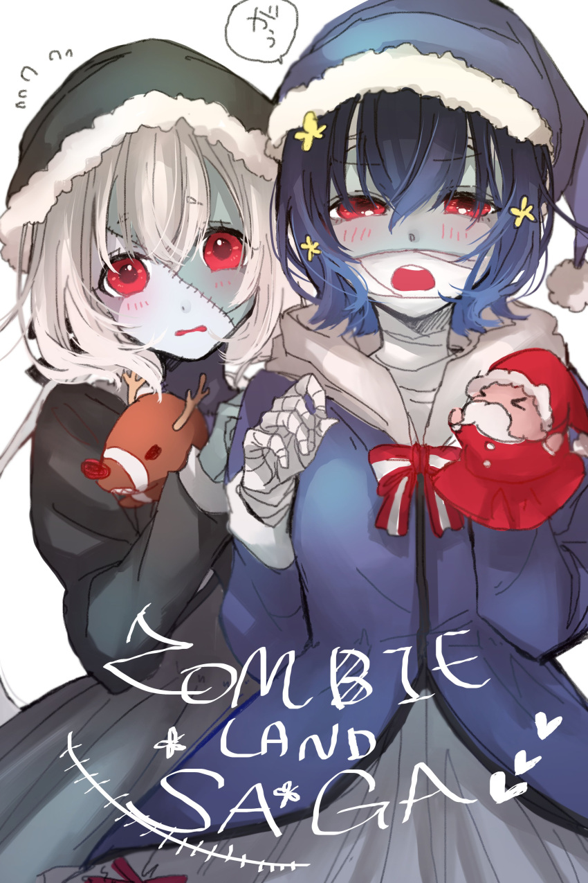 2girls absurdres bandage black_hair blush bow hair_between_eyes hair_ornament hat highres iri_itigo jacket konno_junko long_sleeves looking_at_viewer mizuno_ai multiple_girls open_mouth outstretched_arms red_eyes reindeer santa_costume santa_hat short_hair skirt zombie zombie_land_saga zombie_pose