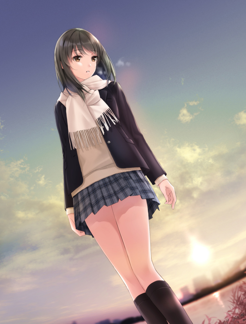1girl arms_at_sides black_hair black_legwear blue_jacket blue_sky blurry breath brown_eyes cityscape clouds day depth_of_field dutch_angle eyebrows_visible_through_hair highres jacket long_sleeves looking_down looking_to_the_side medium_hair miniskirt nayuta69 open_clothes open_jacket original outdoors parted_lips plaid plaid_skirt pleated_skirt scarf skirt sky solo standing sunset tan_sweater thigh-highs water white_scarf