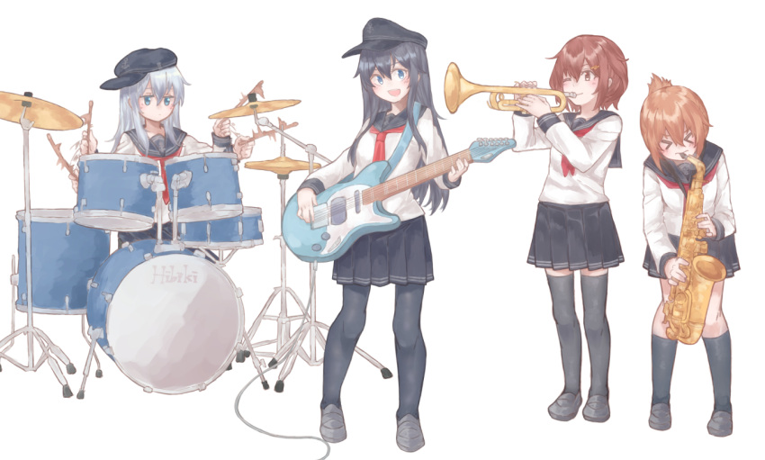 &gt;_&lt; 4girls akatsuki_(kantai_collection) anchor_symbol az_toride badge black_legwear black_sailor_collar black_skirt blue_eyes blue_hair brown_eyes brown_hair character_name closed_eyes closed_mouth commentary_request drum drum_set drumsticks flat_cap folded_ponytail grey_footwear guitar hair_between_eyes hair_ornament hairclip hat hibiki_(kantai_collection) holding holding_instrument ikazuchi_(kantai_collection) inazuma_(kantai_collection) instrument kantai_collection kneehighs light_brown_hair loafers long_hair long_sleeves multiple_girls neckerchief one_eye_closed open_mouth pantyhose pleated_skirt red_neckwear sailor_collar saxophone school_uniform serafuku shirt shoes short_hair silver_hair simple_background skirt thigh-highs trumpet white_background white_serafuku white_shirt