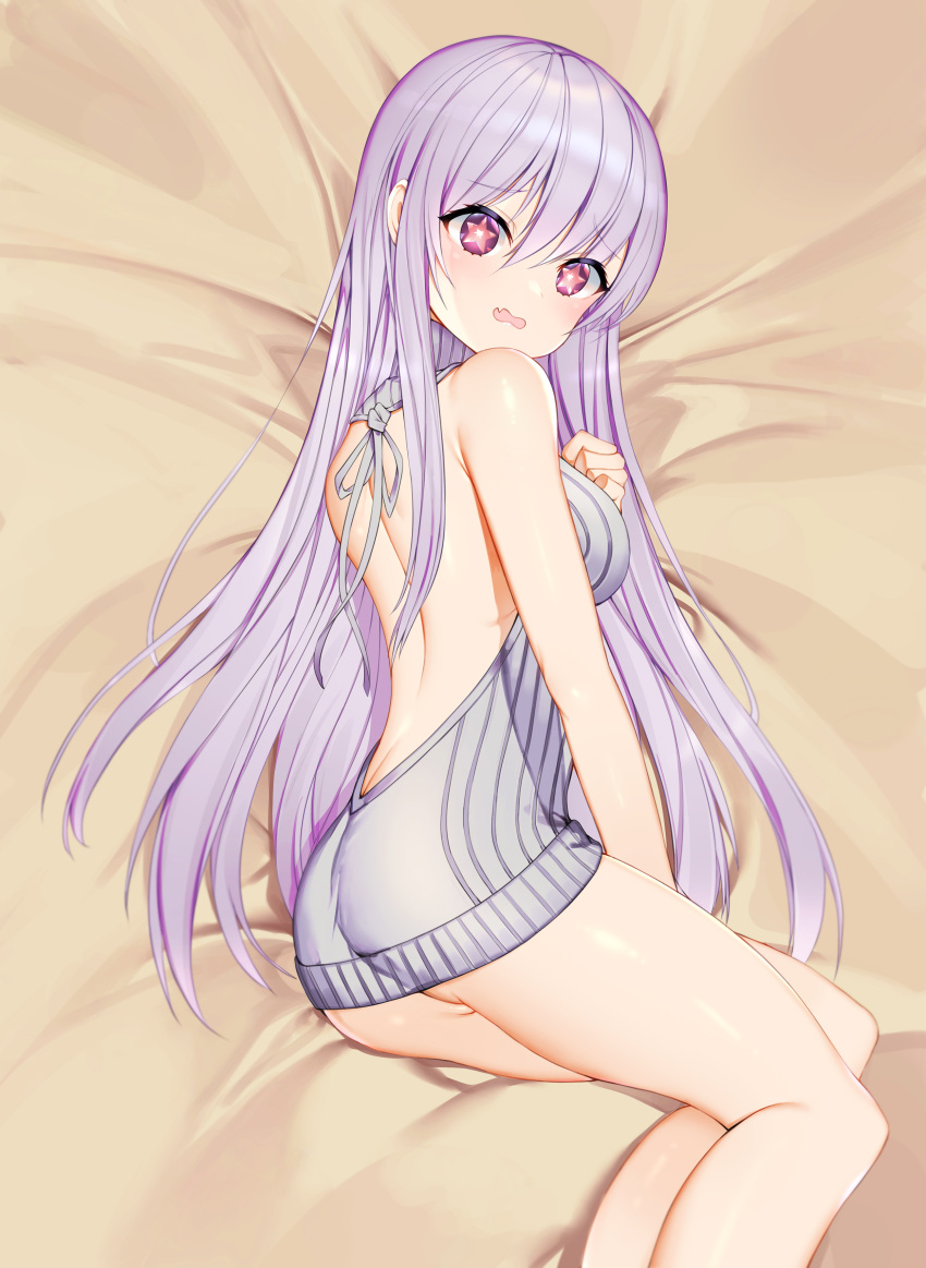 1girl absurdres armpit_crease ass backless_outfit bangs bare_arms bare_back bare_legs bare_shoulders bed_sheet blush breasts commentary commission embarrassed eyebrows_visible_through_hair fang feet_out_of_frame hair_between_eyes head_tilt highres lavender_hair long_hair looking_at_viewer looking_to_the_side lying medium_breasts meme_attire on_side open_mouth original ribbed_sweater sidelocks sleeveless sleeveless_turtleneck solo star star-shaped_pupils sweater symbol-shaped_pupils thighs tttanggvl turtleneck turtleneck_sweater violet_eyes virgin_killer_sweater wavy_mouth
