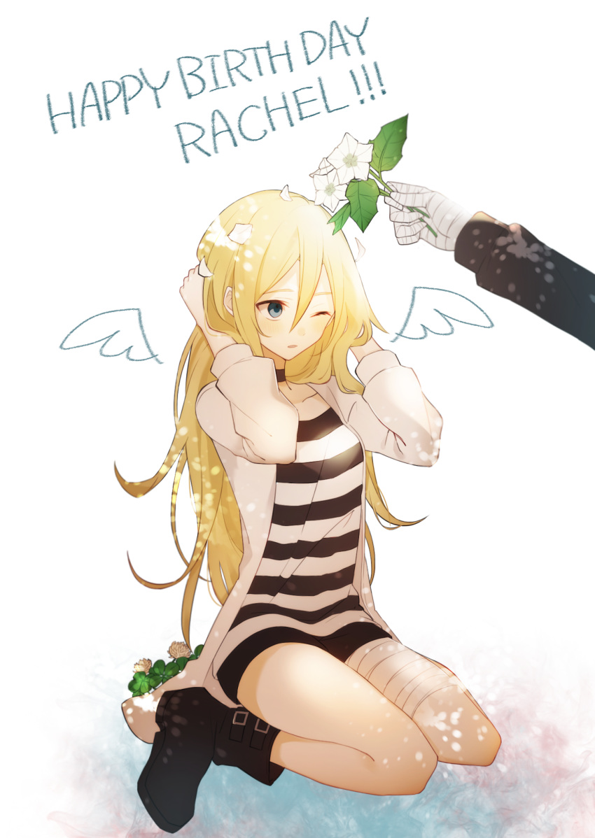 1girl bandage black_footwear black_shorts blonde_hair blue_eyes boots character_name choker collarbone hair_between_eyes happy_birthday highres irucha isaac_foster jacket long_hair long_sleeves one_eye_closed open_clothes open_jacket rachel_gardner satsuriku_no_tenshi shirt short_shorts shorts striped striped_shirt very_long_hair white_background white_jacket wings