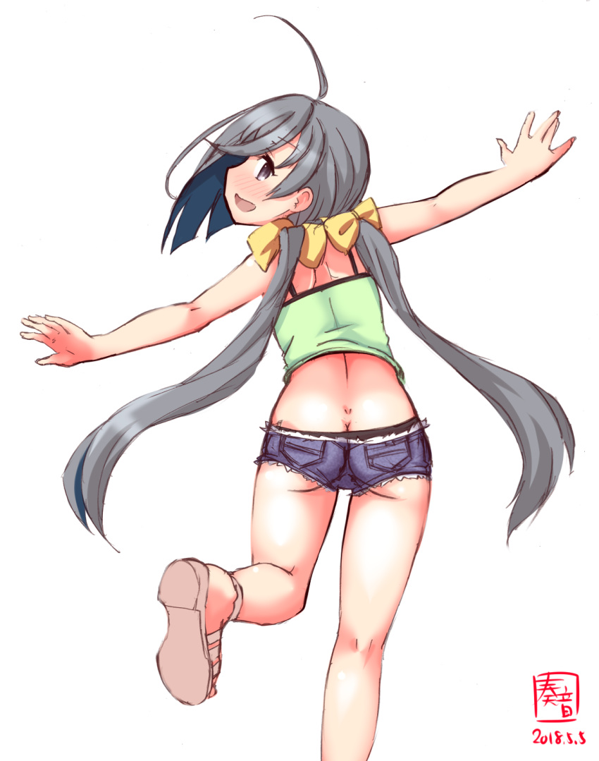 1girl ahoge alternate_costume artist_logo ass bow butt_crack casual commentary_request dated denim denim_shorts dimples_of_venus from_behind grey_eyes grey_hair hair_between_eyes hair_bow halter_top halterneck highres kanon_(kurogane_knights) kantai_collection kiyoshimo_(kantai_collection) looking_at_viewer looking_back low_twintails midriff open_clothes outstretched_arms revision short_shorts shorts simple_background solo twintails white_background yellow_bow