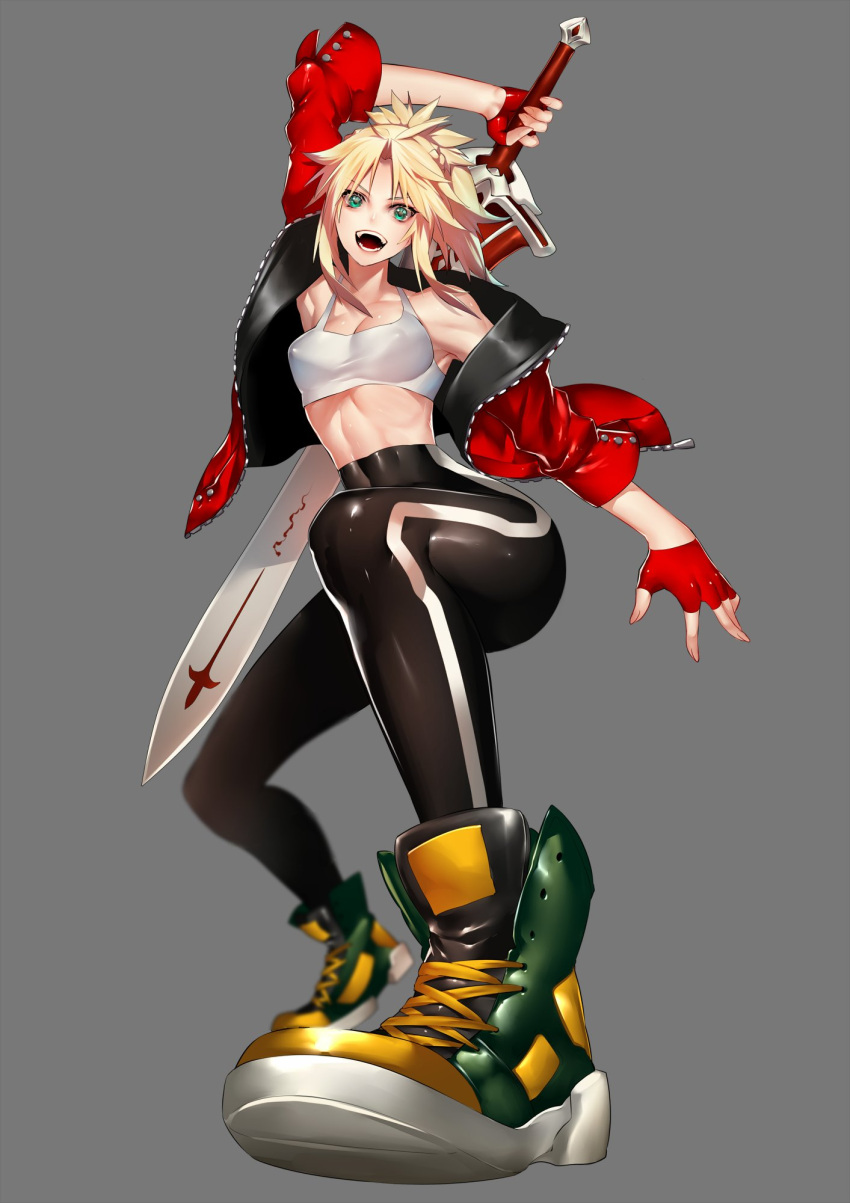 1girl abs blonde_hair clarent crop_top fangs fingerless_gloves gloves green_eyes highres jacket mordred_(fate)_(all) rahato shoes sneakers sword toned weapon