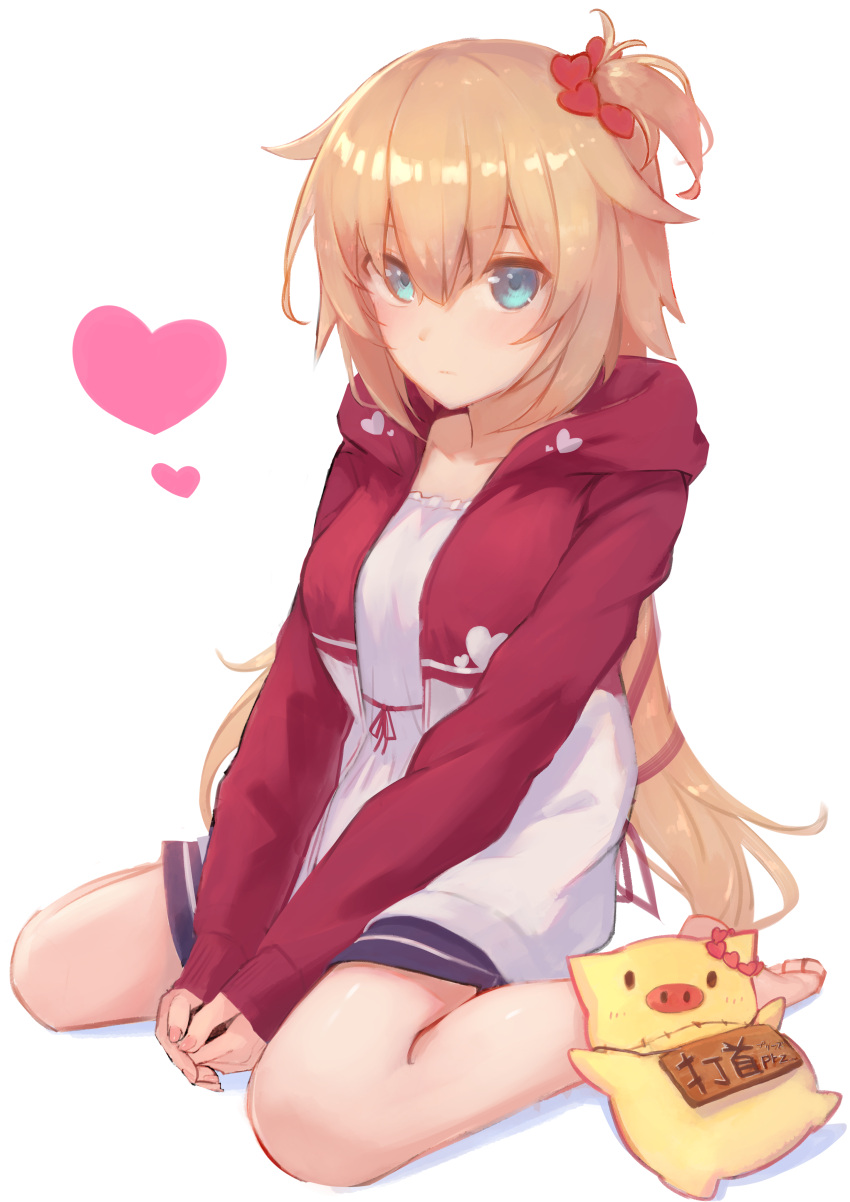 1girl absurdres akai_haato bangs blonde_hair blue_eyes blush breasts closed_mouth collarbone commentary eyebrows_visible_through_hair hair_ornament heart heart_hair_ornament highres hololive hood hoodie large_breasts long_sleeves looking_at_viewer low_twintails nail_polish pink_nails sitting stuffed_animal stuffed_pig stuffed_toy t6_ti thighs twintails virtual_youtuber