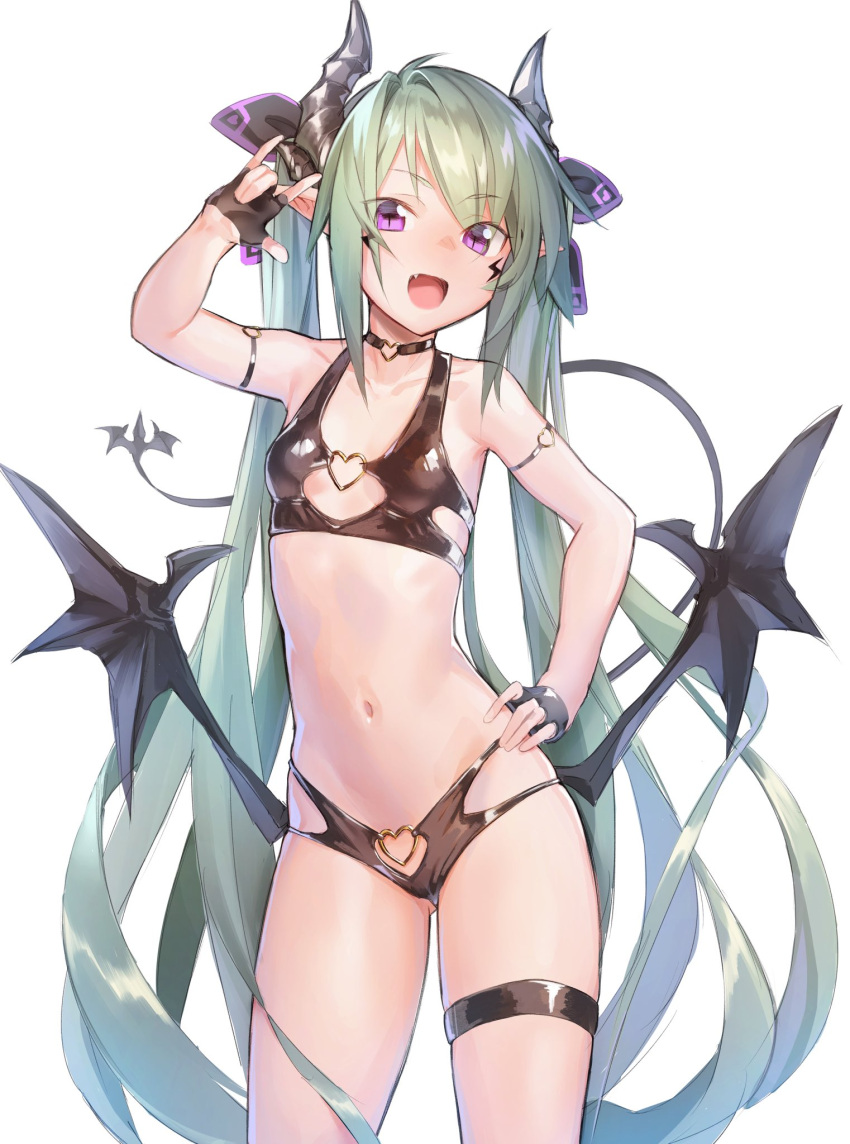 1girl :d \n/ arm_strap arm_up bangs bare_arms bare_shoulders bikini black_bikini black_gloves breasts choker collarbone commentary_request contrapposto cowboy_shot deluxe&lt;&lt;&lt; demon_girl demon_horns demon_wings eyebrows_visible_through_hair eyes_visible_through_hair fang fingerless_gloves gloves green_hair hand_on_hip heart heart_choker heart_ring heart_ring_bottom heart_ring_top highres horns long_hair looking_at_viewer low_wings navel open_mouth original pointy_ears ryisu_(deluxe&lt;&lt;&lt;) simple_background slit_pupils small_breasts smile solo standing stomach swimsuit thigh_strap twintails v-shaped_eyebrows very_long_hair violet_eyes white_background wings