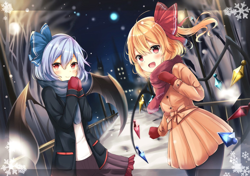 2girls bat_wings black_legwear blonde_hair blue_bow blush border bow bridge commentary_request cowboy_shot dress eyebrows_visible_through_hair flandre_scarlet hair_bow jacket lavender_hair light_particles looking_at_viewer mittens multiple_girls night night_sky no_hat no_headwear open_mouth orange_dress pantyhose red_bow red_eyes remilia_scarlet renka_(cloudsaikou) scarf scarlet_devil_mansion short_hair siblings sisters skirt sky smile snow snowflakes touhou transparent_border tree wings winter winter_clothes