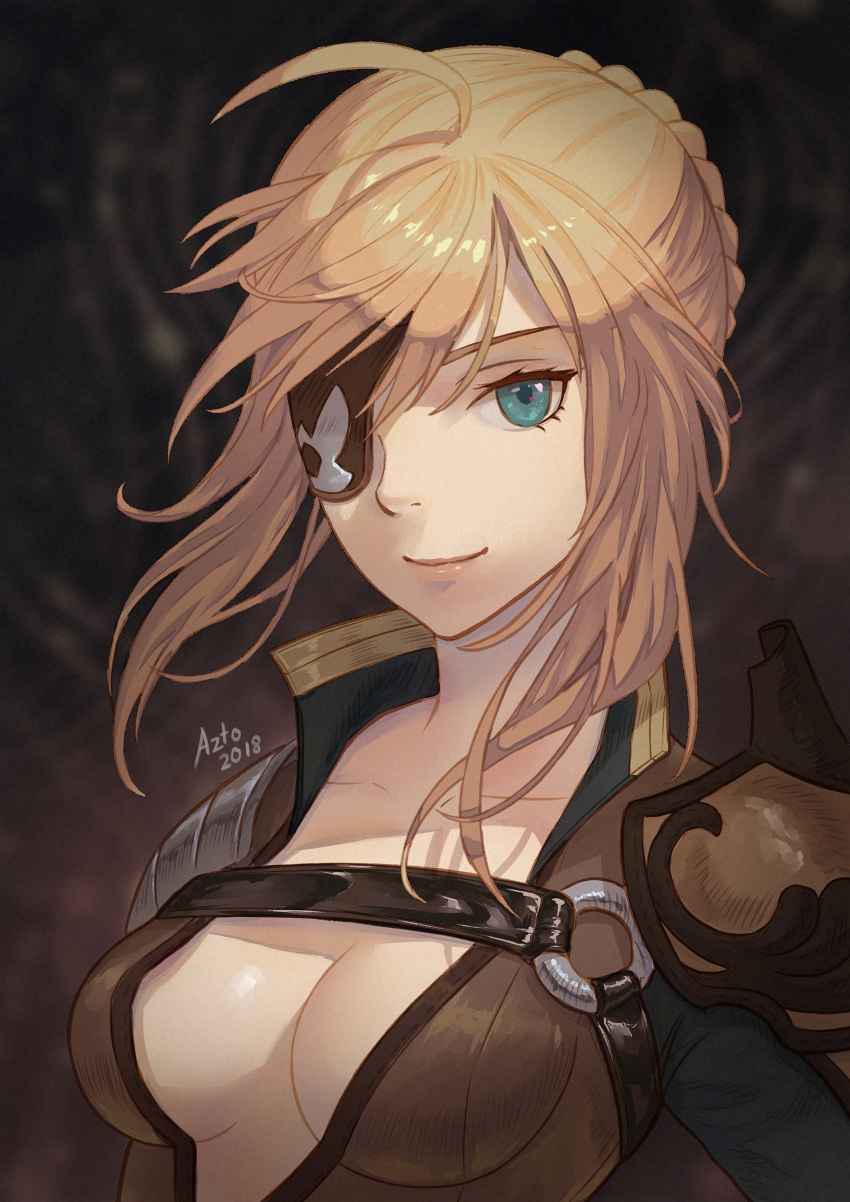 1girl absurdres artoria_pendragon_(all) azto_dio blonde_hair blue_eyes braid breasts cleavage collarbone cosplay dated eyepatch fate/stay_night fate_(series) fire_emblem fire_emblem_echoes:_mou_hitori_no_eiyuuou fire_emblem_gaiden highres lips looking_at_viewer medium_breasts namesake nintendo saber savor savor_(cosplay) short_hair shoulder_armor signature smile solo upper_body