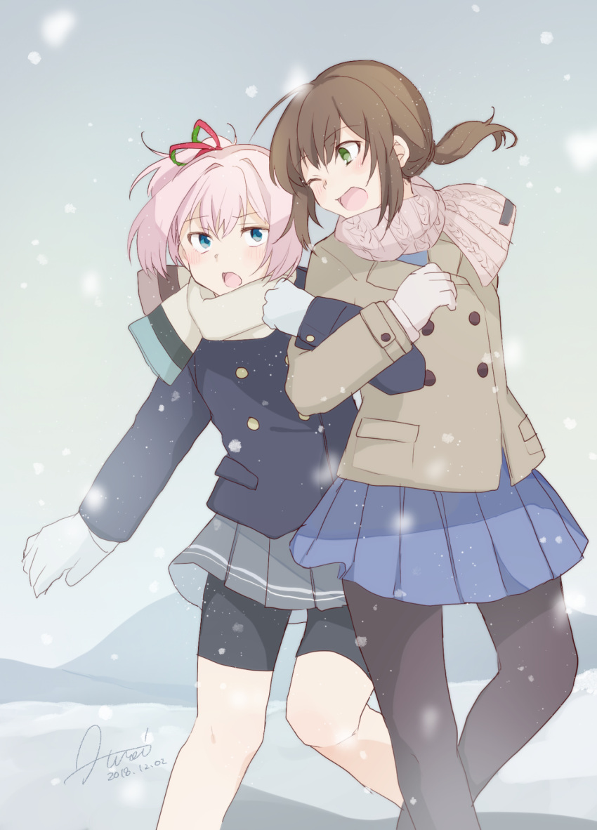 2girls alternate_costume beige_scarf bike_shorts black_coat black_hair black_legwear blue_eyes blue_skirt brown_coat coat commentary_request feet_out_of_frame fubuki_(kantai_collection) green_eyes grey_skirt highres hiroe_(cosmos_blue-02_421) kantai_collection locked_arms low_ponytail multiple_girls pantyhose pink_hair pleated_skirt ponytail shiranui_(kantai_collection) short_hair short_ponytail shorts shorts_under_skirt sidelocks skirt snow winter_clothes