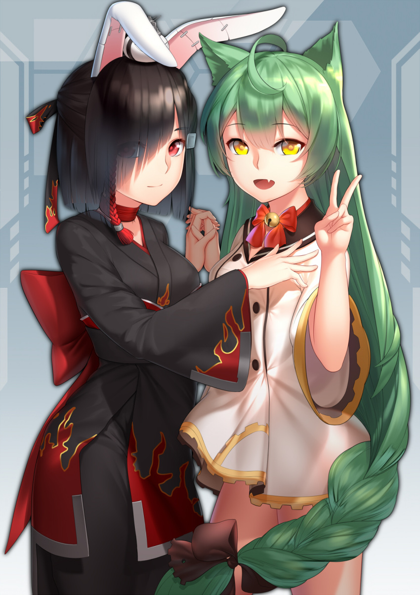 2girls ahoge akashi_(azur_lane) animal_ears azur_lane baiyin bangs black_hair blunt_bangs bottomless braid cat_ears commentary_request eyebrows_visible_through_hair fang green_hair hair_over_one_eye hand_holding hand_on_another's_chest highres japanese_clothes kimono long_hair looking_at_viewer multiple_girls obi open_mouth rabbit_ears red_eyes sash shiranui_(azur_lane) smile v very_long_hair wide_sleeves yellow_eyes