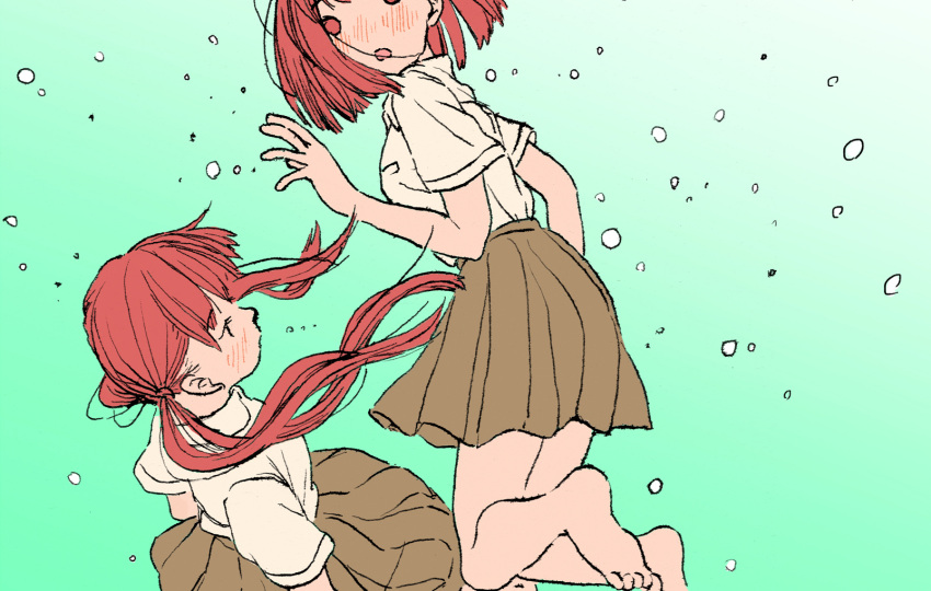 2girls air_bubble bare_legs barefoot blush brown_skirt bubble commentary_request green_background highres long_hair looking_at_viewer multiple_girls no_pupils open_mouth original pleated_skirt redhead school_uniform shiki_haru shirt short_hair short_sleeves skirt twintails underwater white_shirt