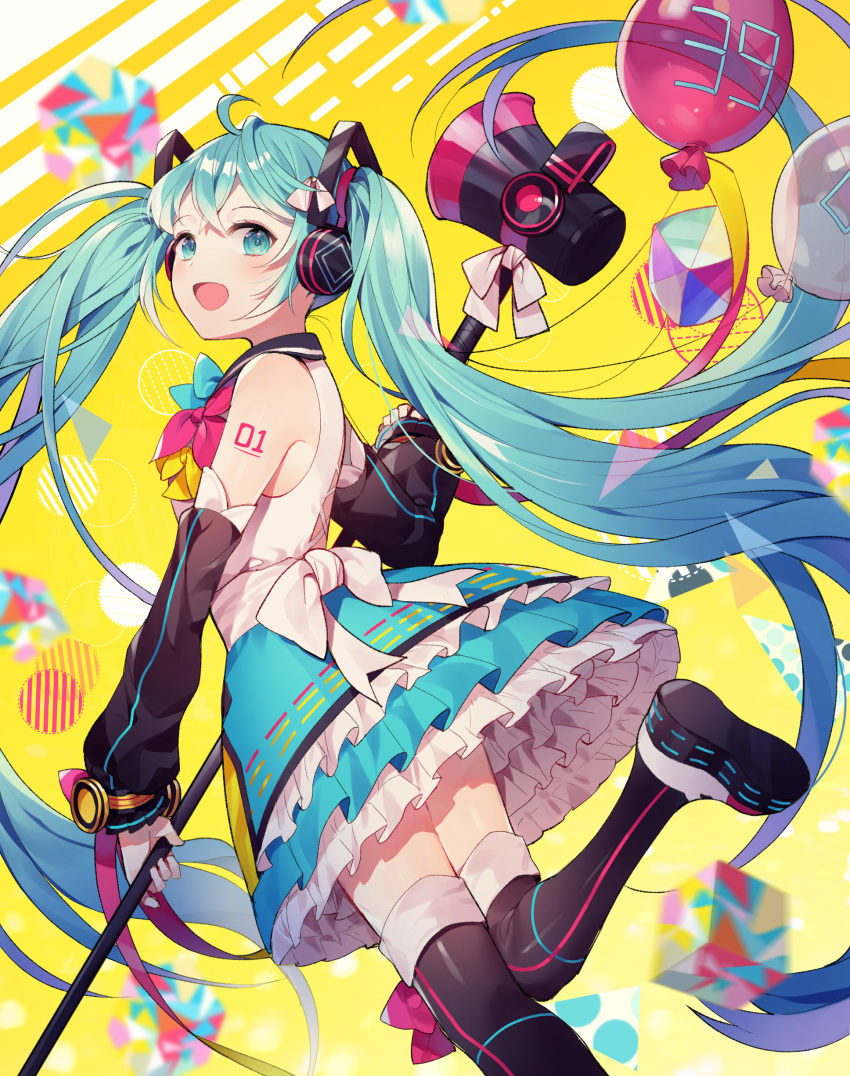 1girl 39 absurdres ahoge aqua_eyes aqua_hair azit_(down) balloon bangs detached_sleeves from_side hatsune_miku headphones highres long_hair looking_at_viewer magical_mirai_(vocaloid) megaphone number_tattoo open_mouth skirt solo tattoo thigh-highs twintails very_long_hair vocaloid yellow_background