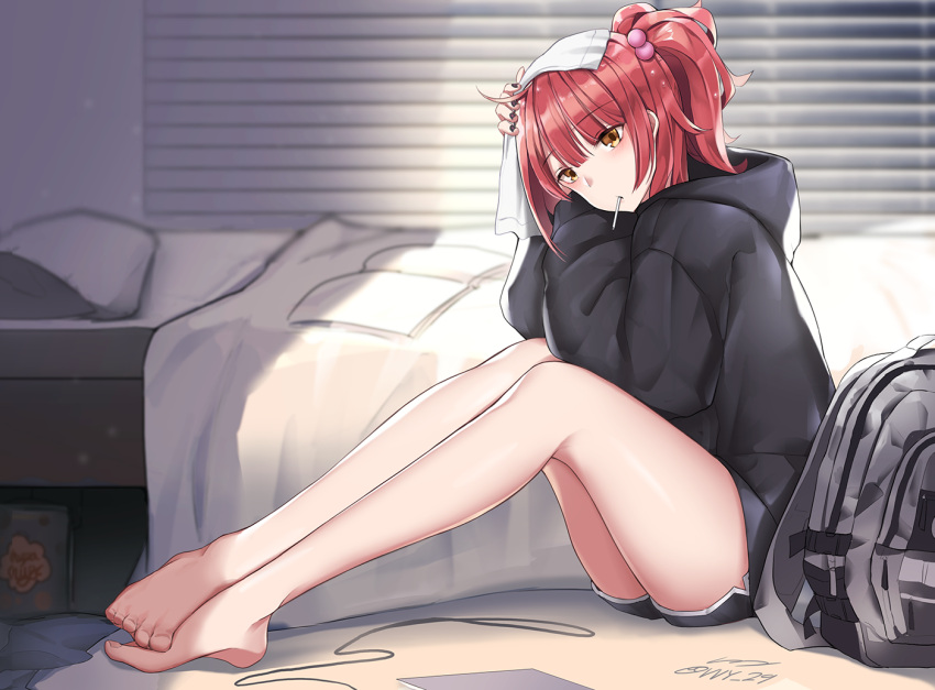 1girl ahoge backpack bag bangs bed blinds blush book candy commentary_request eyebrows_visible_through_hair eyes_visible_through_hair food food_in_mouth from_side girls_frontline hair_ornament hood hoodie legs_together lollipop looking_at_viewer mp7_(girls_frontline) nail_polish pillow ponytail shorts signature sitting solo thighs towel towel_on_head twitter_username vvy yellow_eyes