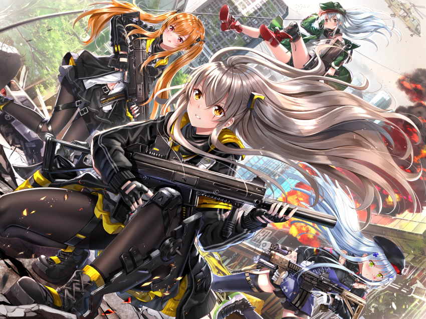 404_(girls_frontline) 4girls :q aircraft arm_up armband assault_rifle bangs beret black_bow black_footwear black_gloves black_jacket black_shorts black_skirt blue_hair blush boots bow brown_eyes brown_hair brown_legwear building burning car closed_mouth commentary_request cross-laced_footwear day dress_shirt dutch_angle eyebrows_visible_through_hair fingerless_gloves fire flat_cap floating_hair g11 g11_(girls_frontline) girls_frontline gloves green_eyes green_hair green_jacket ground_vehicle gun h&amp;k_ump45 h&amp;k_ump9 hair_between_eyes hair_bow hair_ornament hairclip hand_on_headwear hat heckler_&amp;_koch helicopter highres hk416 hk416_(girls_frontline) holding holding_gun holding_weapon holster jacket lace-up_boots long_hair long_sleeves looking_at_viewer motor_vehicle multiple_girls navel object_namesake one_knee one_side_up open_clothes open_jacket outdoors pantyhose parted_lips pleated_skirt purple_jacket purple_legwear red_eyes red_footwear rifle rubble scar scar_across_eye shirt shoe_soles short_shorts shorts silver_hair skirt skyscraper smile smoke standing swordsouls thigh-highs thigh_holster tongue tongue_out tree trigger_discipline twintails ump45_(girls_frontline) ump9_(girls_frontline) very_long_hair weapon white_gloves white_shirt