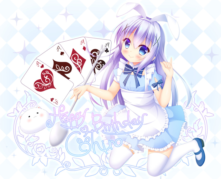 1girl ace_of_clubs ace_of_diamonds ace_of_hearts ace_of_spades angora_rabbit animal animal_ears apron argyle argyle_background bangs blue_dress blue_eyes blue_footwear blue_hair blush card closed_mouth club_(shape) commentary_request diamond_(shape) dress eyebrows_visible_through_hair fake_animal_ears fingernails frilled_apron frilled_dress frills gochuumon_wa_usagi_desu_ka? hair_between_eyes hair_ornament hairband head_tilt heart holding holding_spoon kafuu_chino long_hair mary_janes oversized_object playing_card pleated_dress rabbit rabbit_ears shoes smile spade_(shape) sparkle spoon thigh-highs tippy_(gochiusa) very_long_hair white_apron white_hairband white_legwear x_hair_ornament yukatama