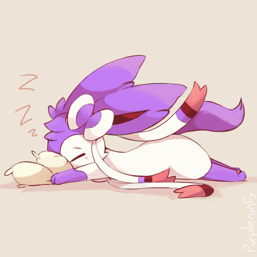 alternate_color artist_name bow closed_eyes commentary creatures_(company) face_in_pillow game_freak gen_6_pokemon highres lying nintendo no_humans on_stomach pillow pokemon pokemon_(creature) purpleninfy ribbon simple_background sleeping stretch sylveon zzz