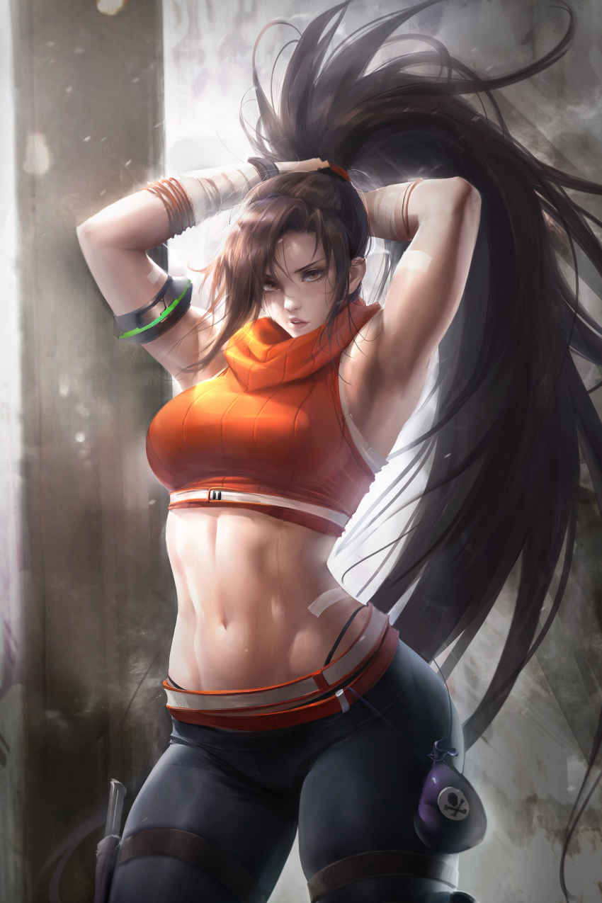 1girl absurdly_long_hair absurdres armlet armpits arms_behind_head bandaid belt bike_shorts black_gloves black_panties black_pants brawler_(dungeon_and_fighter) breasts brown_eyes brown_hair crop_top dungeon_and_fighter fighter_(dungeon_and_fighter) flute_(artist) gloves high_ponytail highleg highleg_panties highres holster lips long_hair looking_at_viewer medium_breasts midriff navel orange_sweater panties pants parted_lips ponytail pouch skull_and_crossbones sleeveless sleeveless_turtleneck snowing solo sweater thigh_holster thigh_strap turtleneck tying_hair underbust underwear very_long_hair