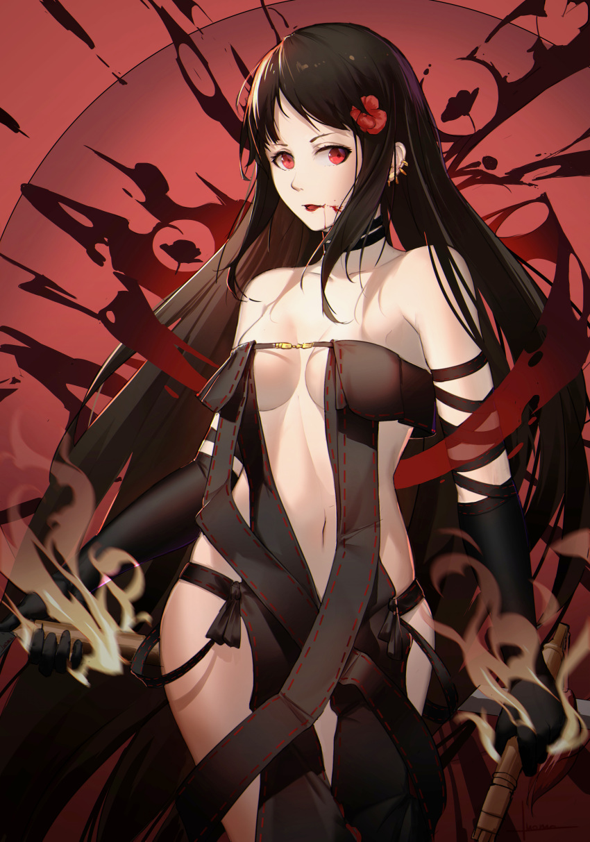 1girl absurdres bangs bare_shoulders black_dress black_gloves blood blood_on_face breasts center_opening choker consort_yu_(fate) dress ear_piercing elbow_gloves fate/grand_order fate_(series) flower gloves highres holding holding_sword holding_weapon long_hair looking_at_viewer luomo medium_breasts navel parted_bangs piercing red_background red_eyes red_flower red_ribbon revealing_clothes ribbon signature solo strapless strapless_dress sword very_long_hair weapon
