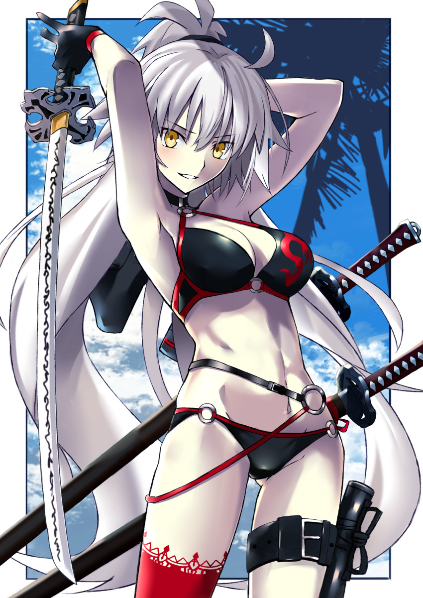 ahoge alternate_hairstyle arms_up bikini black_bikini black_choker black_gloves breasts choker cleavage clouds cloudy_sky fate/grand_order fate_(series) gloves highres jacket jacket_removed jeanne_d'arc_(alter_swimsuit_berserker) jeanne_d'arc_(fate)_(all) katana long_hair o-ring o-ring_bikini o-ring_bottom o-ring_top palm_tree ponytail red_legwear single_thighhigh sky smile swimsuit sword thigh-highs thigh_strap tree weapon yellow_eyes yuchio