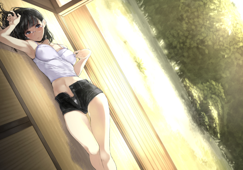 1girl arm_up armpits bangs bare_arms bare_shoulders black_eyes black_hair breasts buttons camisole choker closed_mouth commentary_request eyebrows_visible_through_hair glasses indoors looking_at_viewer lying medium_breasts medium_hair midriff mole mole_under_mouth navel on_back original panties shorts sleeveless solo tatami tsukino_wagamo unbuttoned underwear wooden_floor