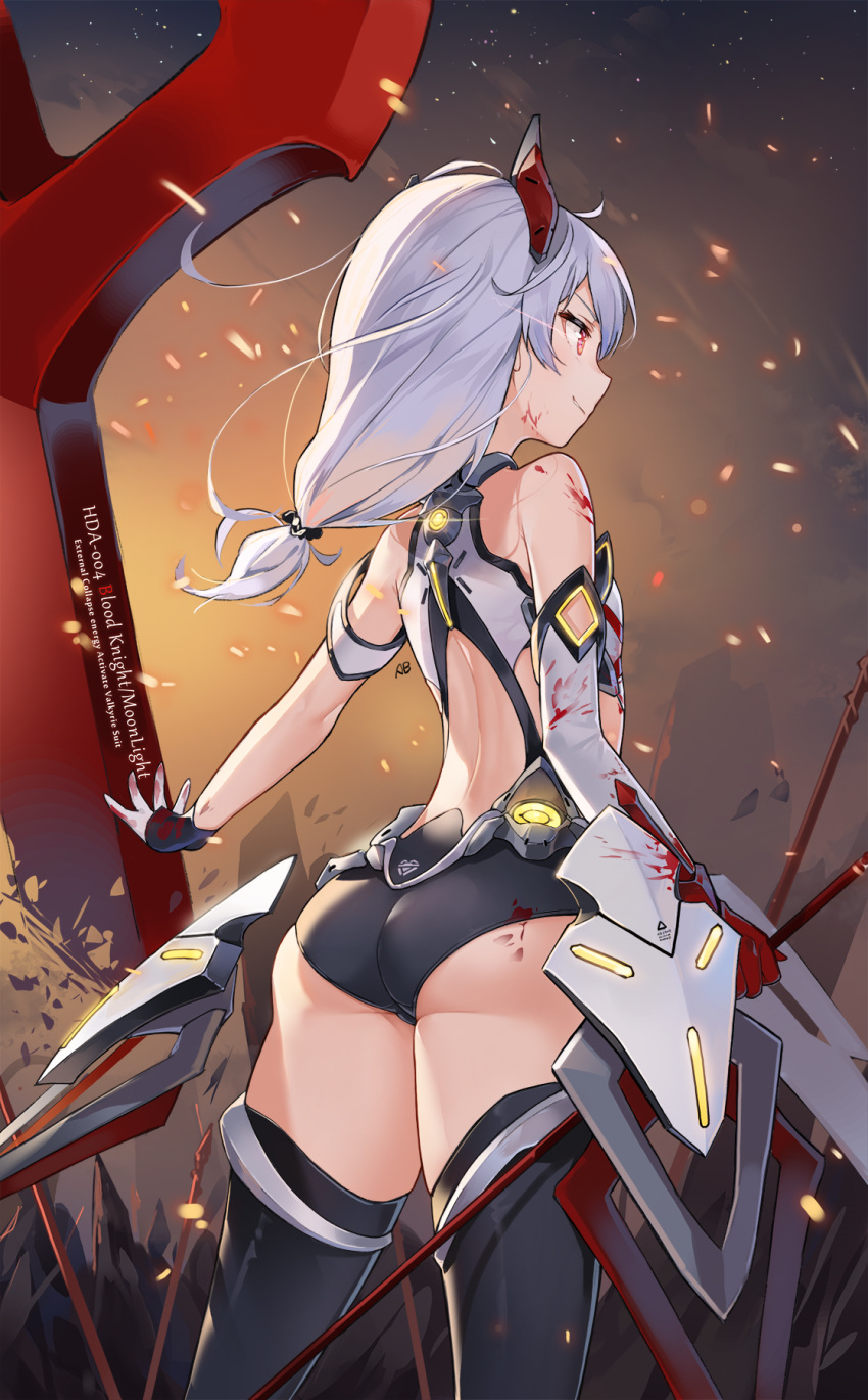 1girl aliceblue alternate_costume armor armored_leotard ass bangs bare_shoulders black_legwear blood blood_on_face bloody_clothes breasts commentary_request cross_(weapon) elbow_gloves eyebrows_visible_through_hair fire floating_armor floating_hair from_behind gloves hair_between_eyes hair_ornament highres holding holding_weapon honkai_impact light_particles long_hair red_eyes silver_hair single_elbow_glove small_breasts smirk solo theresa_apocalypse thigh-highs thighs weapon