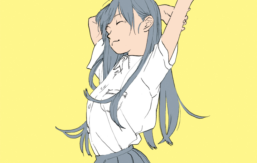 1girl arm_behind_head arms_up closed_eyes closed_mouth collared_shirt commentary_request grey_hair grey_skirt highres long_hair original pleated_skirt school_uniform shiki_haru shirt shirt_tucked_in short_sleeves simple_background skirt smile solo stretch tearing_up upper_body white_shirt yellow_background