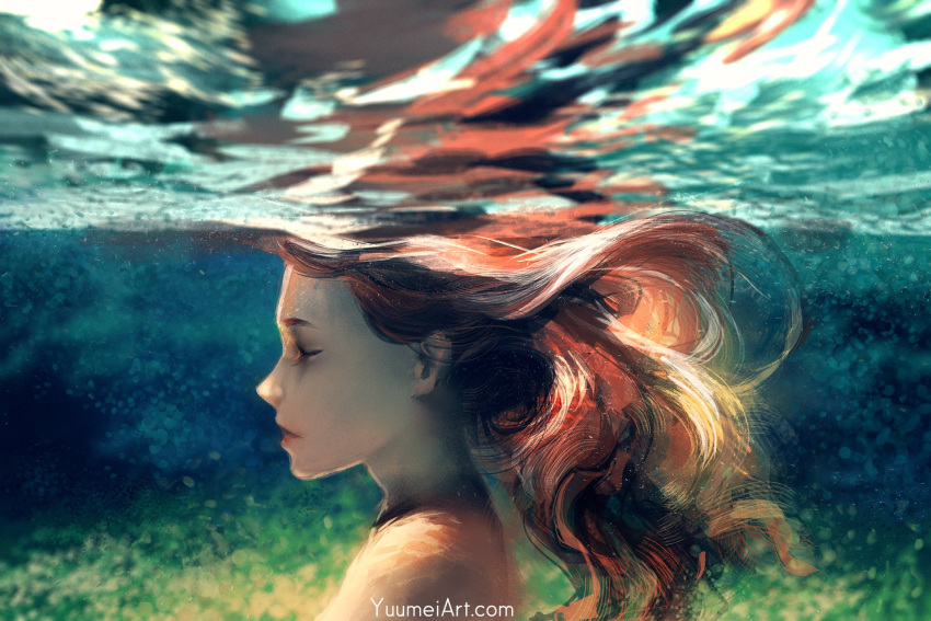 1girl brown_hair closed_eyes closed_mouth commentary english_commentary floating_hair highres long_hair nude original out-of-frame_censoring photo-referenced profile refraction solo underwater watermark web_address wenqing_yan