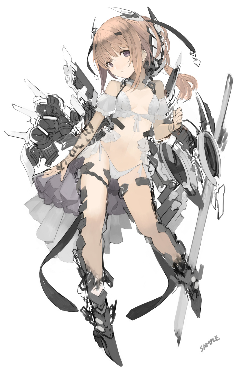 1girl absurdres bare_shoulders bikini breasts brown_eyes brown_hair detached_sleeves headgear highres long_hair looking_at_viewer machinery mecha_musume midriff navel original ponytail rayvon shrot_sleeves small_breasts swimsuit white_bikini