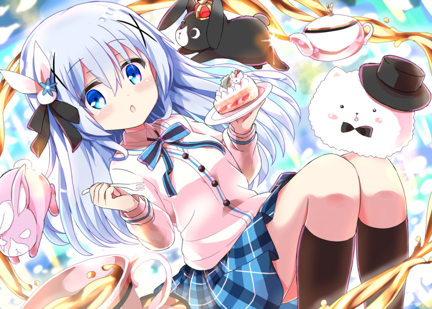 1girl :o angora_rabbit animal anko_(gochiusa) blue_bow blue_eyes blue_flower blue_hair blue_skirt blurry blurry_background blush bow brown_legwear bunny_hair_ornament cake cardigan coffee collared_shirt cup depth_of_field flower food fork gochuumon_wa_usagi_desu_ka? hair_ornament hands_up himarisu_(hida_mari) holding holding_fork holding_plate kafuu_chino long_hair long_sleeves parted_lips plaid plaid_skirt plate pleated_skirt rabbit shirt skirt slice_of_cake striped striped_bow teacup thigh-highs tippy_(gochiusa) very_long_hair white_cardigan white_shirt wild_geese x_hair_ornament