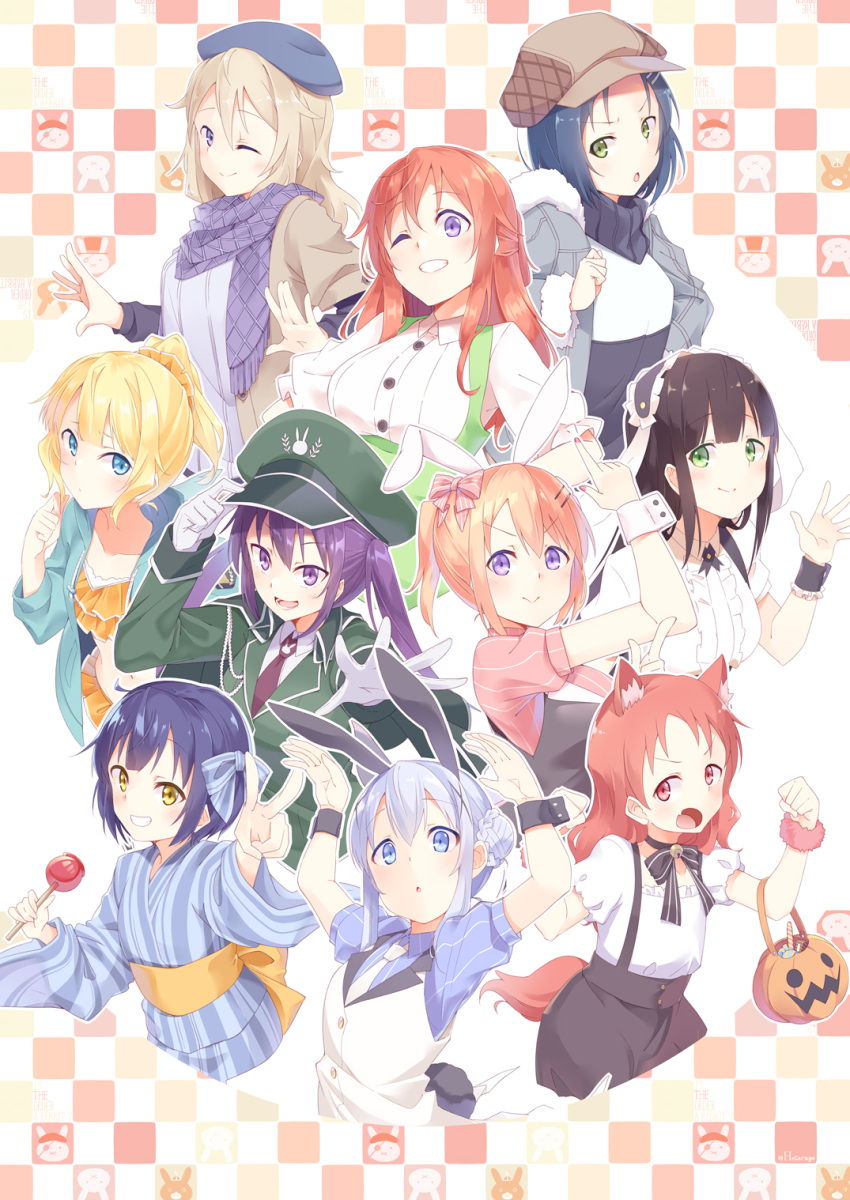 6+girls :&gt; :d :o ;) animal_ear_fluff animal_ears aoyama_blue_mountain bangs black_hair blonde_hair blue_eyes blue_hair blunt_bangs braid bunny_pose candy_apple center_frills clenched_teeth collarbone commentary_request everyone eyebrows_visible_through_hair fleur_de_lapin_uniform food frilled_hairband frills fur_trim gloves gochuumon_wa_usagi_desu_ka? green_eyes grin hair_between_eyes hair_bun hair_ornament hair_ribbon hair_scrunchie hairband hairclip half_updo halloween_basket hat hetareeji highres hoto_cocoa hoto_mocha jacket japanese_clothes jouga_maya kafuu_chino kemonomimi_mode kimono kirima_sharo long_hair looking_at_viewer mate_rin multiple_girls natsu_megumi necktie one_eye_closed open_mouth orange_hair orange_scrunchie outstretched_arm puffy_short_sleeves puffy_sleeves purple_hair rabbit_ears red_eyes redhead ribbon scrunchie short short_hair short_ponytail short_sleeves smile tail tedeza_rize teeth twintails ujimatsu_chiya v v-shaped_eyebrows violet_eyes waving white_gloves wrist_cuffs yellow_eyes