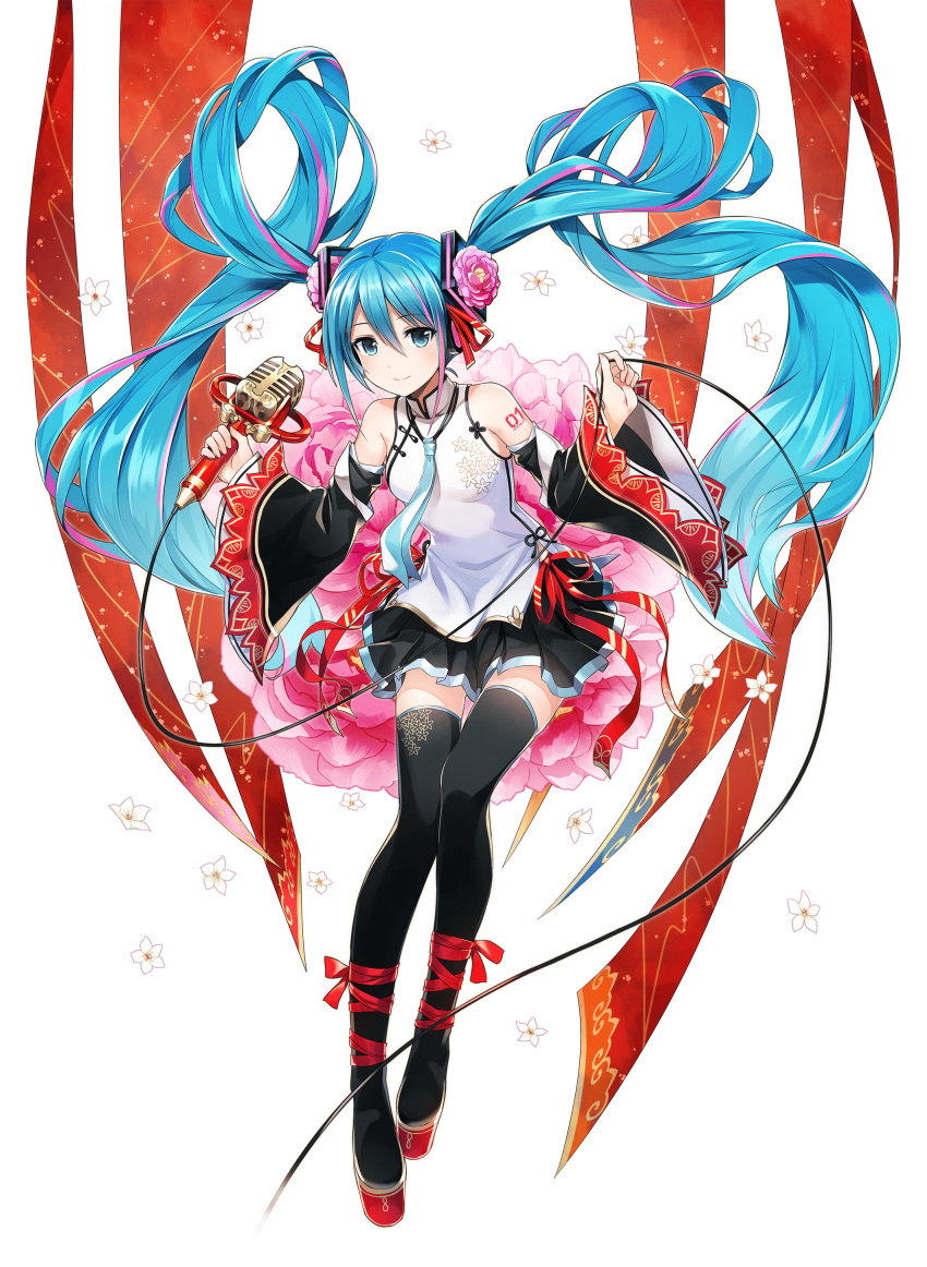 1girl absurdres aqua_eyes aqua_hair armpits artist_request bangs bare_shoulders black_skirt blush chinese_clothes collared_dress dress flower hair_flower hair_ornament hair_ribbon hatsune_miku hatsune_miku_expo headset highres holding holding_cable holding_microphone leg_ribbon long_hair looking_at_viewer microdress microphone multicolored_hair necktie official_art pink_hair ribbon side_slit sidelocks skirt smile solo streaked_hair thigh-highs transparent twintails very_long_hair vocaloid white_lily zettai_ryouiki
