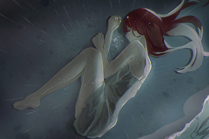 1girl alternate_hair_color closed_eyes darling_in_the_franxx dress fetal_position from_above full_body grey_dress long_hair lying niarss on_side outdoors rain redhead short_dress sleeveless sleeveless_dress solo wet wet_clothes wet_dress zero_two_(darling_in_the_franxx)