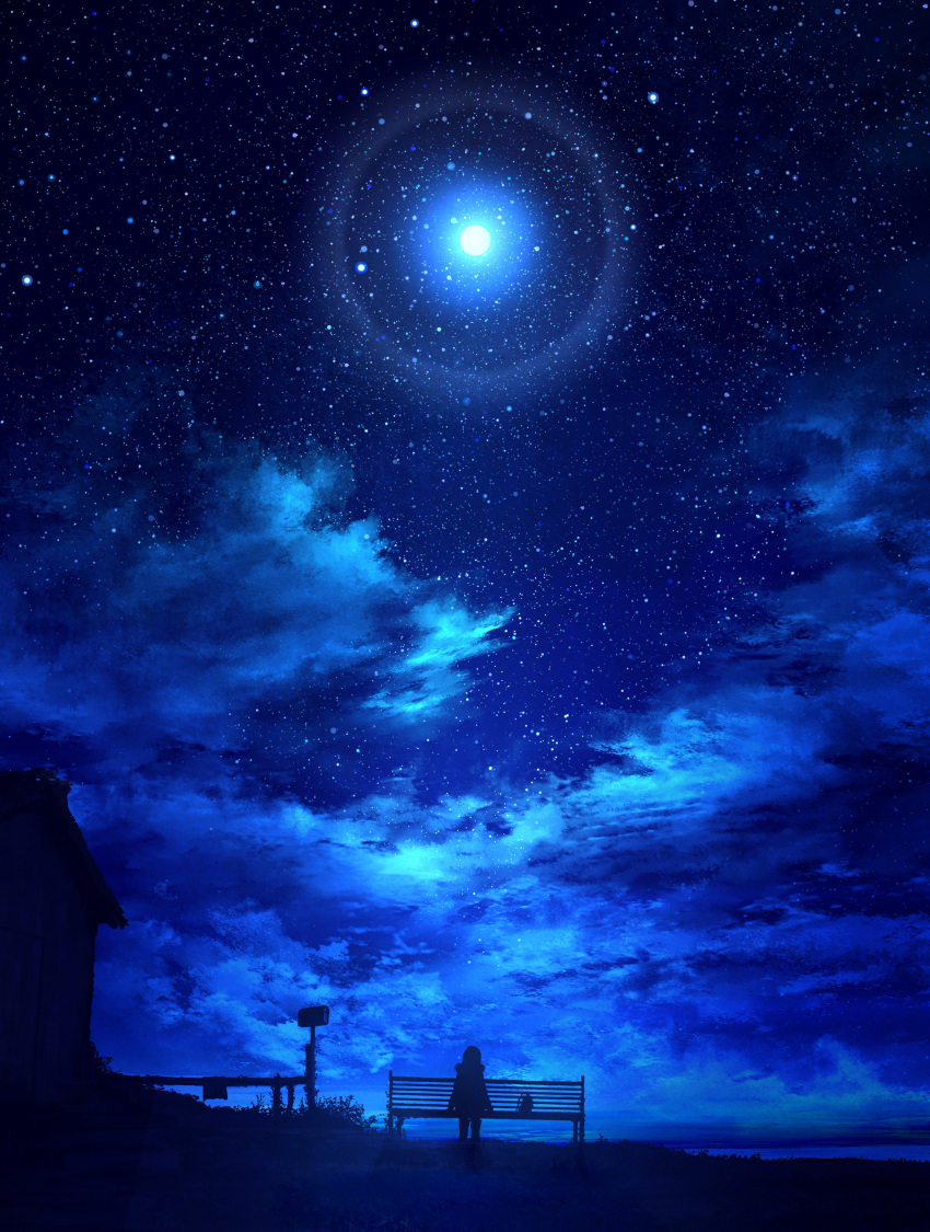 1girl absurdres bench blue clouds cloudy_sky commentary_request highres house mks night night_sky original outdoors scenery silhouette sitting sky solo star_(sky) starry_sky