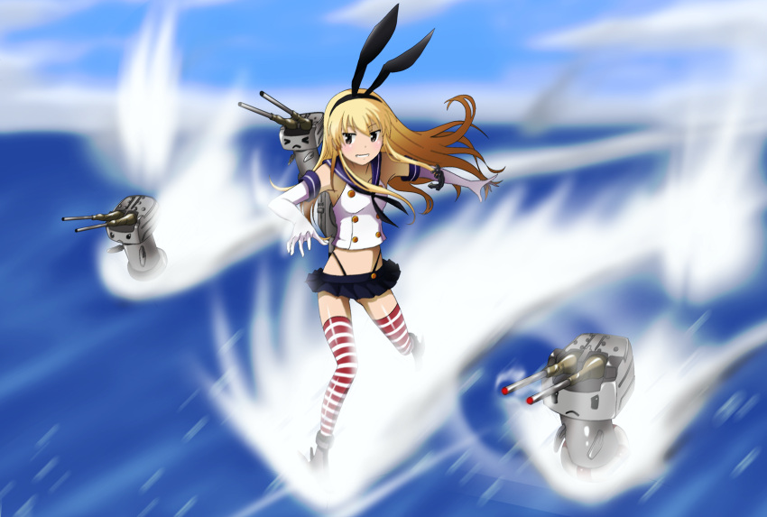 1girl anchor_hair_ornament black_panties blue_skirt breasts closed_mouth commentary_request crop_top elbow_gloves gloves hair_ornament hairband highleg highleg_panties highres kakkii kantai_collection long_hair looking_at_viewer microskirt panties rensouhou-chan sailor_collar school_uniform serafuku shimakaze_(kantai_collection) skirt solo striped striped_legwear surfing thigh-highs thong underwear white_gloves