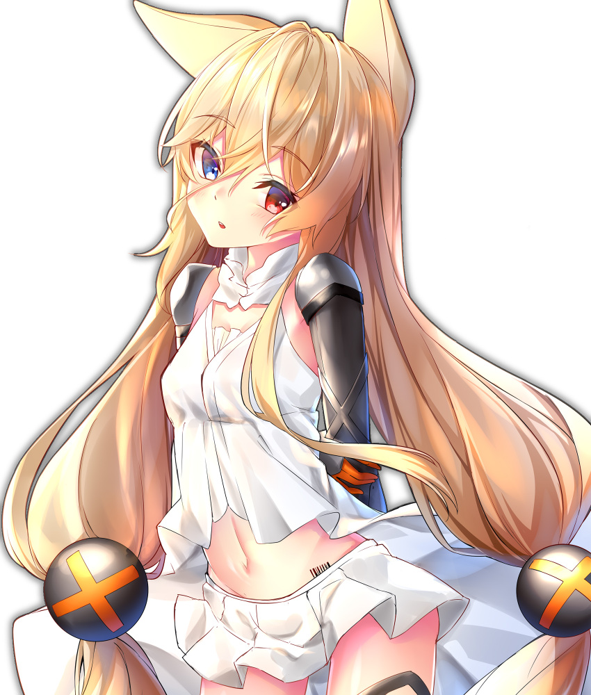 1girl animal_ears bangs barcode_tattoo blonde_hair blue_eyes blush breasts commentary dress eyebrows_visible_through_hair g41_(girls_frontline) girls_frontline groin hair_between_eyes hair_ornament head_tilt heterochromia highres long_hair looking_at_viewer low-tied_long_hair navel parted_lips pleated_skirt red_eyes rukinya_(nyanko_mogumogu) shadow skirt small_breasts solo tattoo upper_teeth very_long_hair white_background white_dress white_skirt