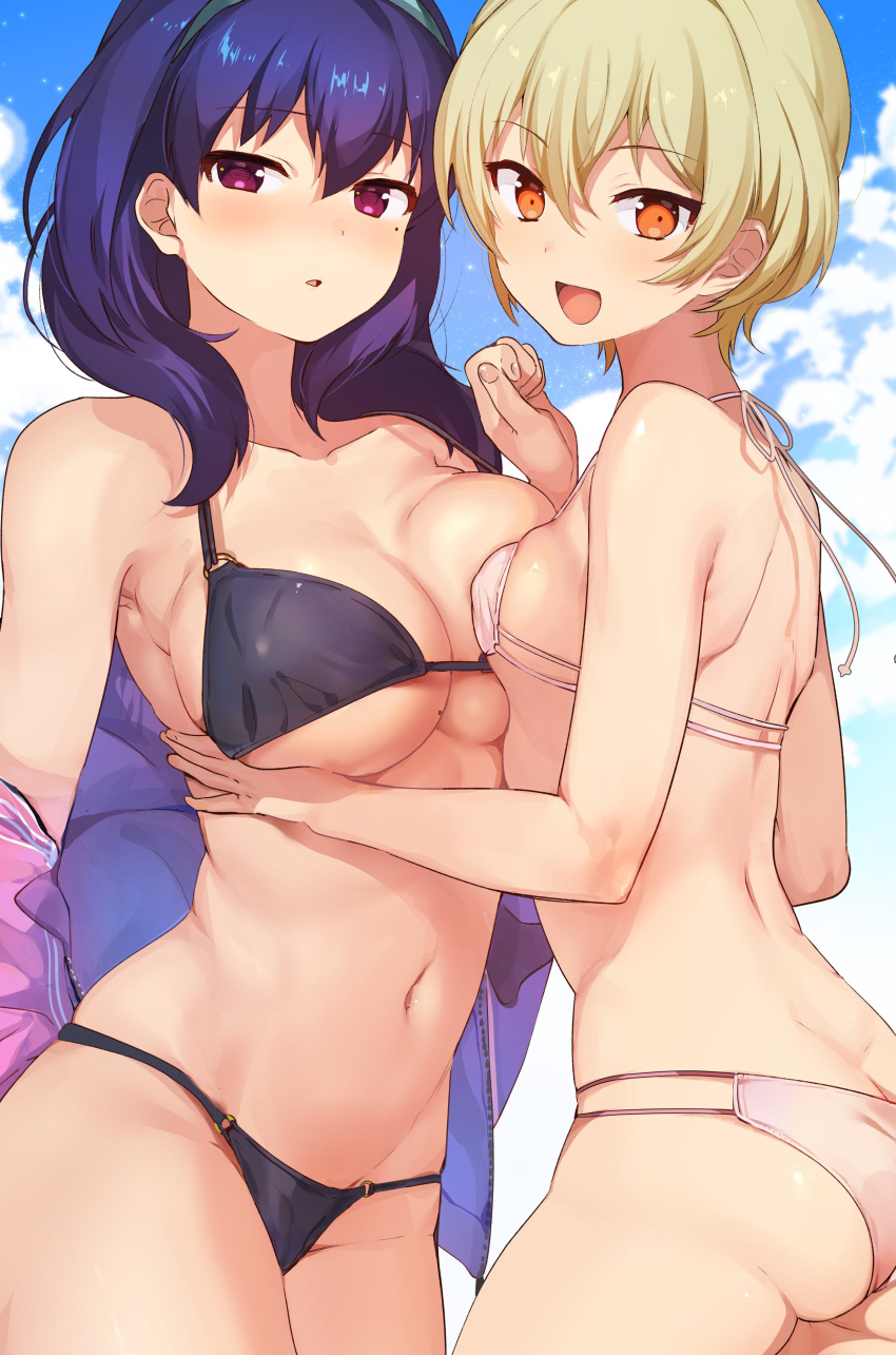 2girls :d absurdres ass asymmetrical_docking back bikini black_bikini blonde_hair blue_hair breast_press breasts butt_crack clouds day eyebrows_visible_through_hair hairband harumi_hana highres ichihara_chiaki jacket konbu_wakame large_breasts looking_at_viewer looking_back mole mole_on_breast mole_under_eye multi-strapped_bikini multiple_girls navel o-ring o-ring_bikini o-ring_bottom o-ring_top open_mouth orange_eyes outdoors pink_bikini sekai_de_ichiban_oppai_ga_suki! short_hair sky small_breasts smile stomach strap_gap swimsuit track_jacket violet_eyes yuri