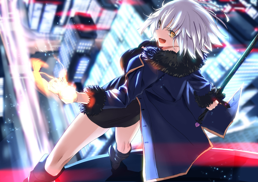 1girl bangs black_dress black_jacket building coat commentary_request dress fate/grand_order fate_(series) fur-trimmed_coat fur-trimmed_jacket fur-trimmed_sleeves fur_collar fur_trim highres jacket jeanne_d'arc_(alter)_(fate) jeanne_d'arc_(fate)_(all) jewelry necklace open_arms open_clothes open_coat open_jacket open_mouth short_dress short_hair silver_hair sword tsurime tsuuhan weapon wicked_dragon_witch_ver._shinjuku_1999 yellow_eyes