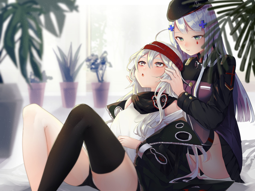 2girls :o bangs beret black_hat black_legwear black_shorts blue_hair blunt_bangs closed_mouth coat eyebrows_visible_through_hair facial_mark g11_(girls_frontline) girls_frontline green_eyes green_jacket hair_between_eyes hair_ornament hand_in_another's_hair hat highres hk416_(girls_frontline) jacket kyabetsu_(user_gkxx7444) leaning_on_person long_hair looking_at_another messy_hair multiple_girls off_shoulder open_clothes open_coat open_mouth personification plaid plaid_skirt shorts shoulder_cutout sitting skirt teardrop thigh-highs white_hair
