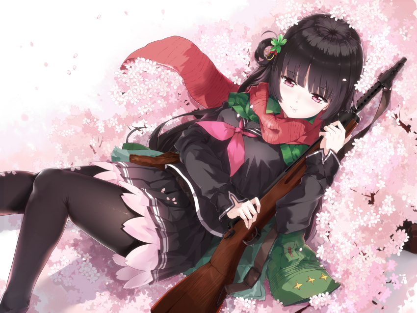 1girl bangs black_hair black_legwear black_sailor_collar black_skirt breasts cherry_blossoms closed_mouth coat commentary_request eyebrows_visible_through_hair girls_frontline green_coat gun hair_ornament highres holding holding_gun holding_weapon k.syo.e+ knees_up long_hair long_sleeves looking_at_viewer lying medium_breasts miniskirt mouth_hold neckerchief on_back one_side_up open_clothes open_coat pantyhose pleated_skirt red_eyes red_neckwear red_scarf sailor_collar scarf school_uniform serafuku sidelocks skirt smile solo submachine_gun type_100 type_100_(girls_frontline) weapon