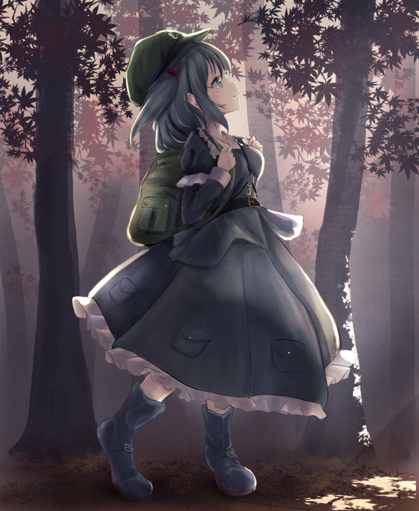 1girl backpack bag belt belt_boots blue_eyes blue_footwear blue_hair blue_skirt boots breasts collared_shirt commentary_request flat_cap frilled_shirt frills full_body hat highres kawashiro_nitori key leaf light_rays long_sleeves looking_up medium_hair petticoat pocket shirt skirt small_breasts smile solo sunbeam sunlight touhou tree two_side_up yukitourou